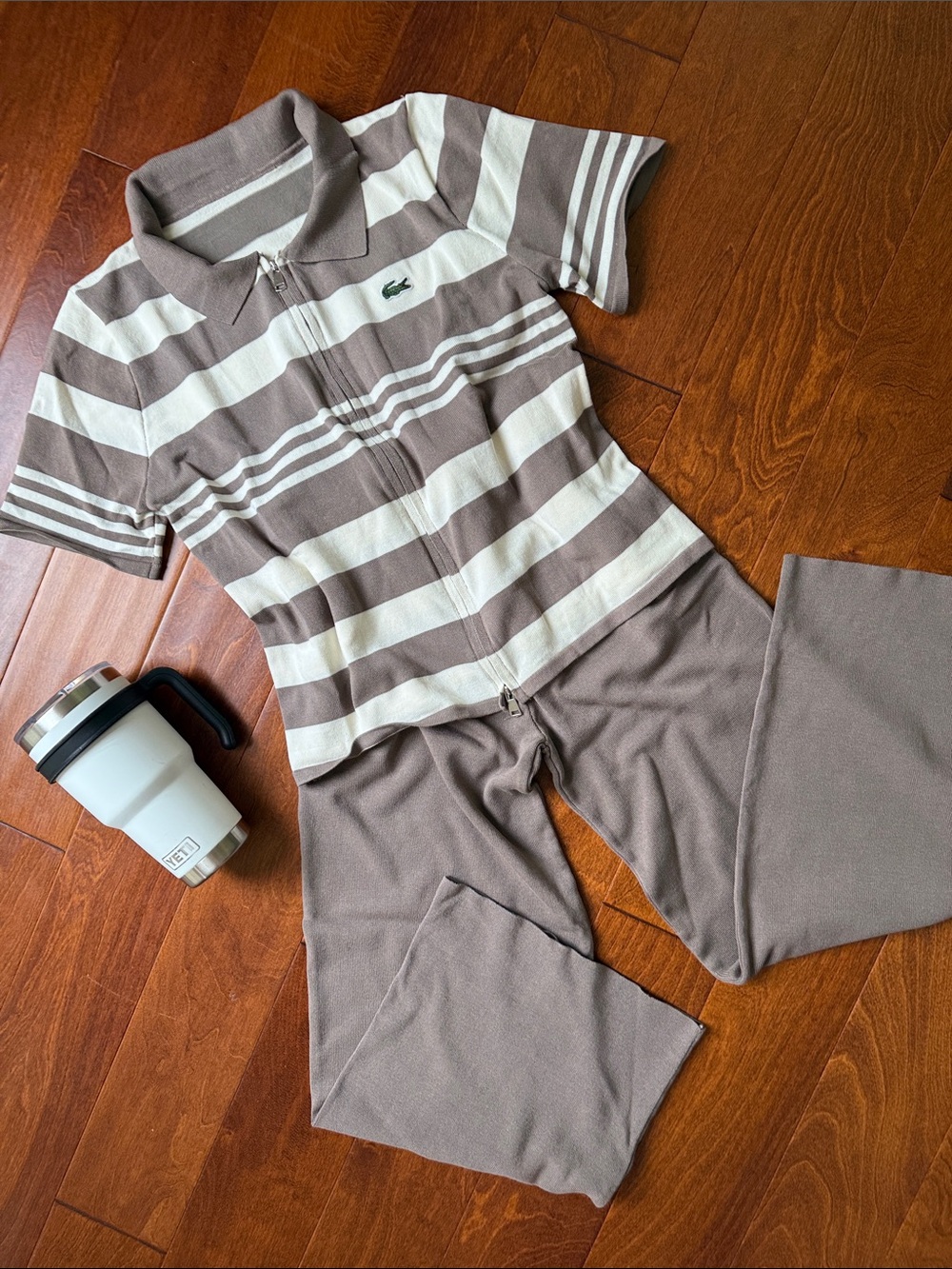 Taupe & Cream Striped Zip Polo and Pants Set